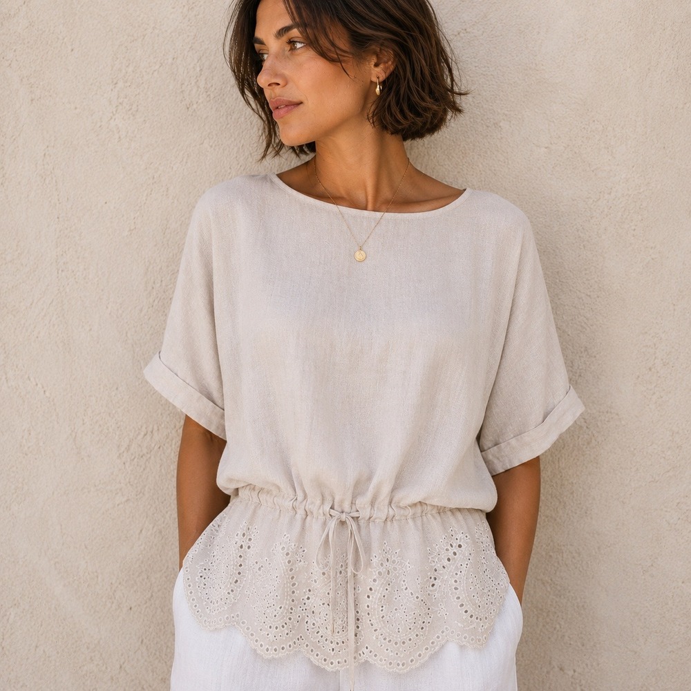 Women's Light Beige Drawstring Eyelet-Hem Blouse